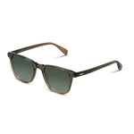 A pair of classic-style sunglasses with a translucent olive frame and dark lenses, shown on a plain white background.