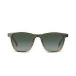 A pair of square sunglasses with a translucent olive green acetate frame and dark gradient lenses, shown against a plain white background.