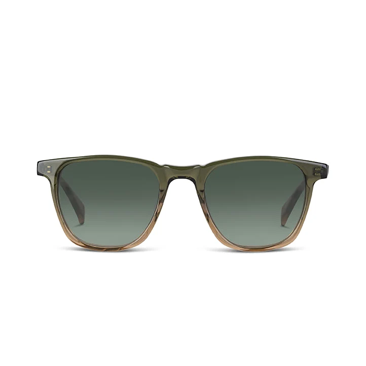 A pair of square sunglasses with a translucent olive green acetate frame and dark gradient lenses, shown against a plain white background.