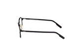 Side angle of black square-framed glasses on a white background. 