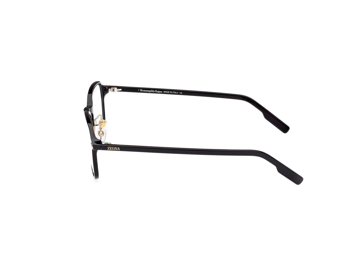 Side angle of black square-framed glasses on a white background. 