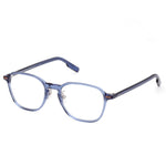 Blue square-framed eyeglasses on a white background.