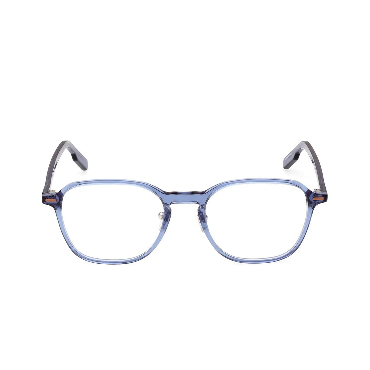 Blue eyeglasses on a white background. 