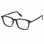 Black square-framed eyeglasses on a white background.