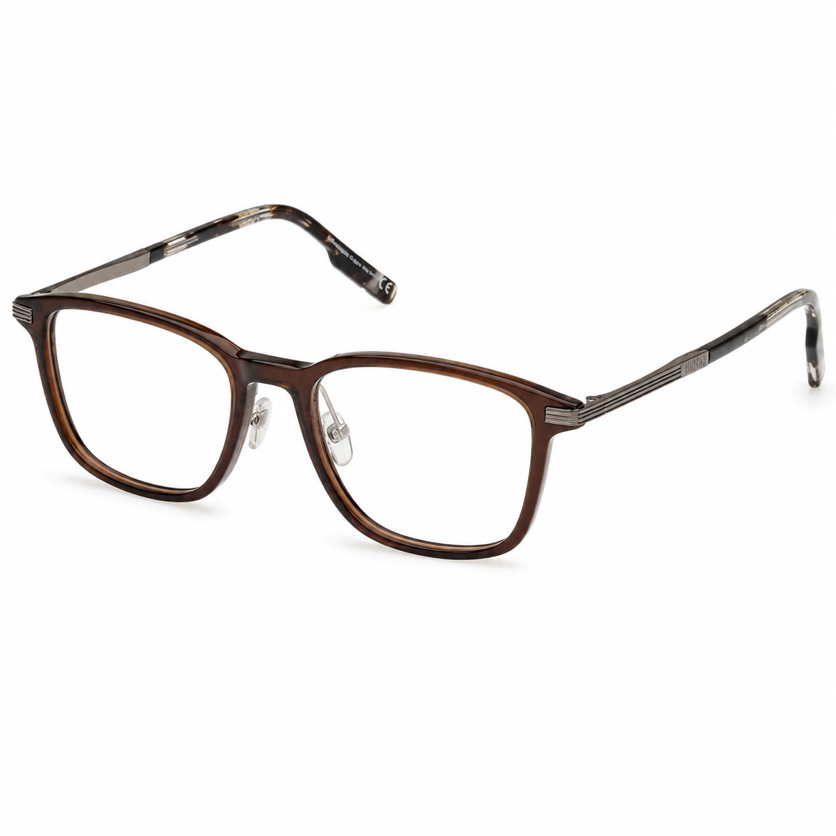 Brown square-framed eyeglasses on a white background. 