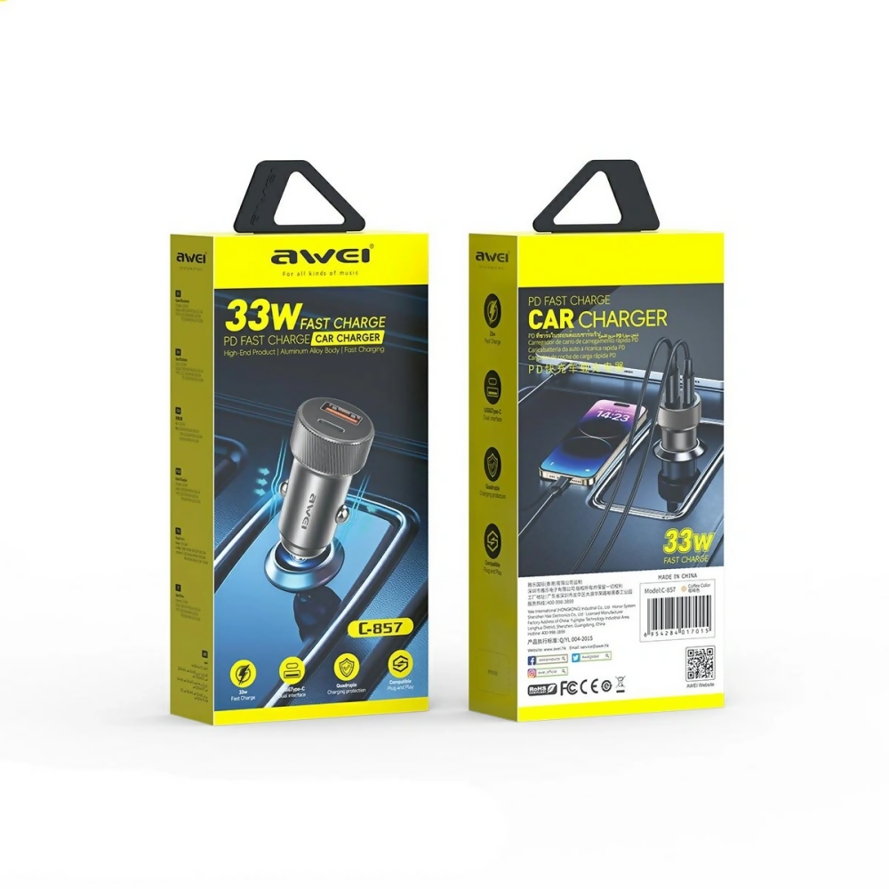 Awei 33W 2 Usb Type-C Car Charger Silver
