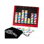 Mattel UNO Quatro card game with colorful number tiles and a red storage holder.