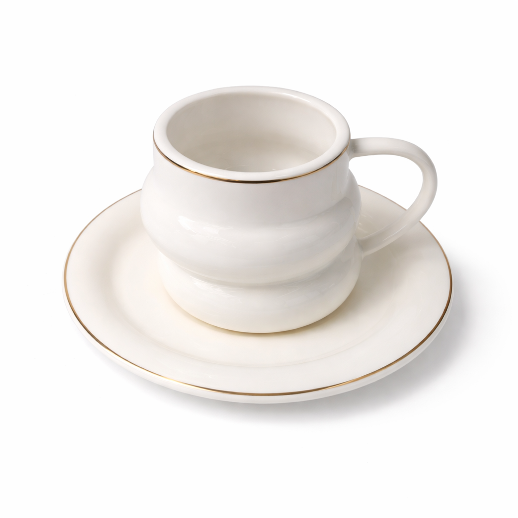 Porcelain Coffee Cups & Saucers Set, 6 Cups with Rim, White