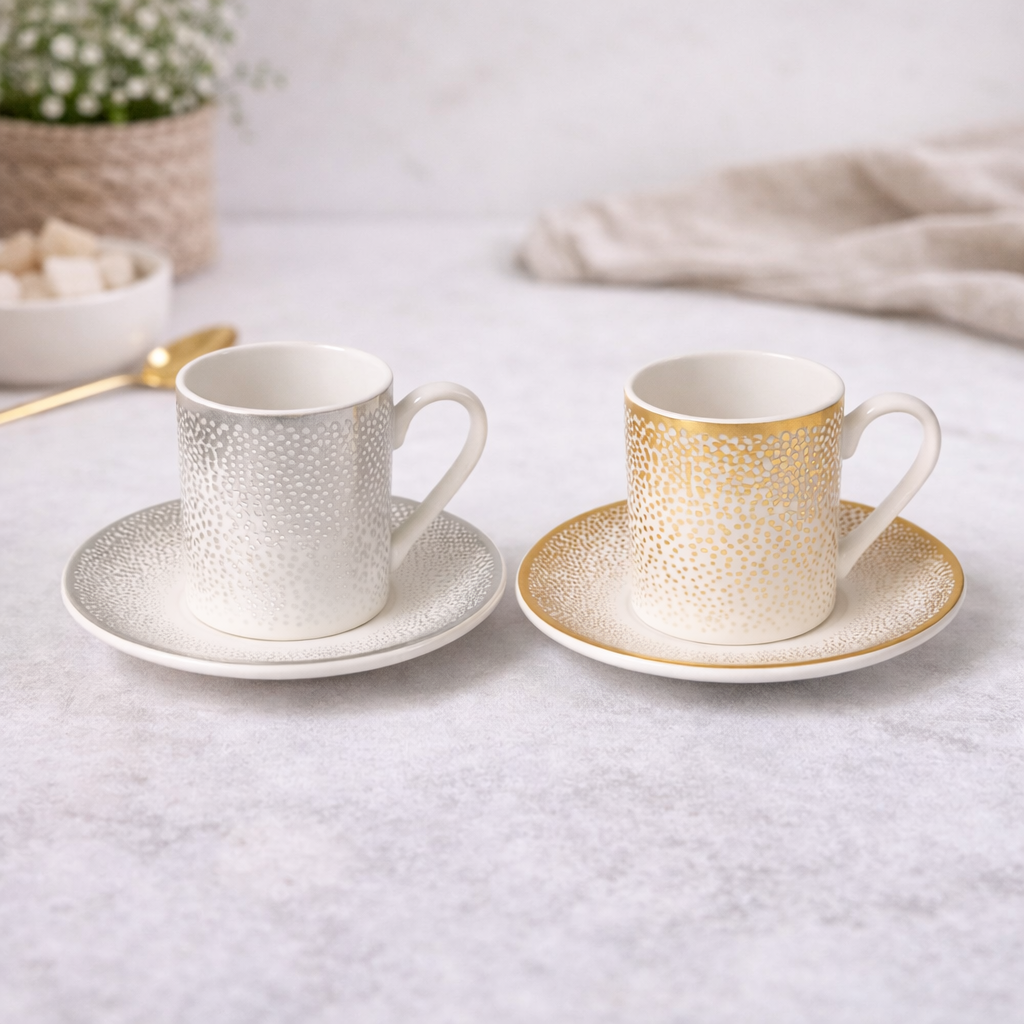 Set of 6 Coffee Cups and Saucers Dots Porcelain