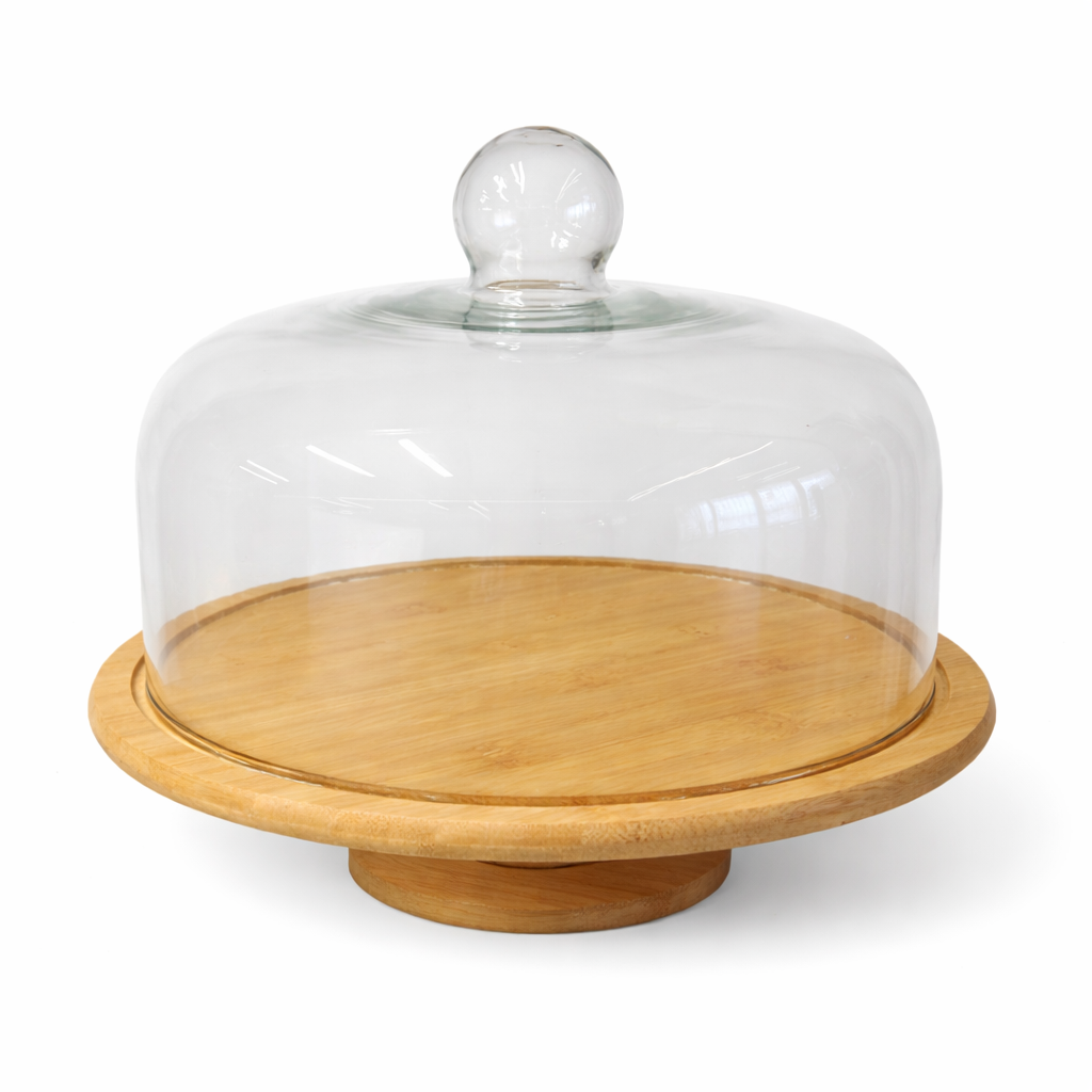 Glass Cake Dome Cake Stand 30 cm with Bamboo Base