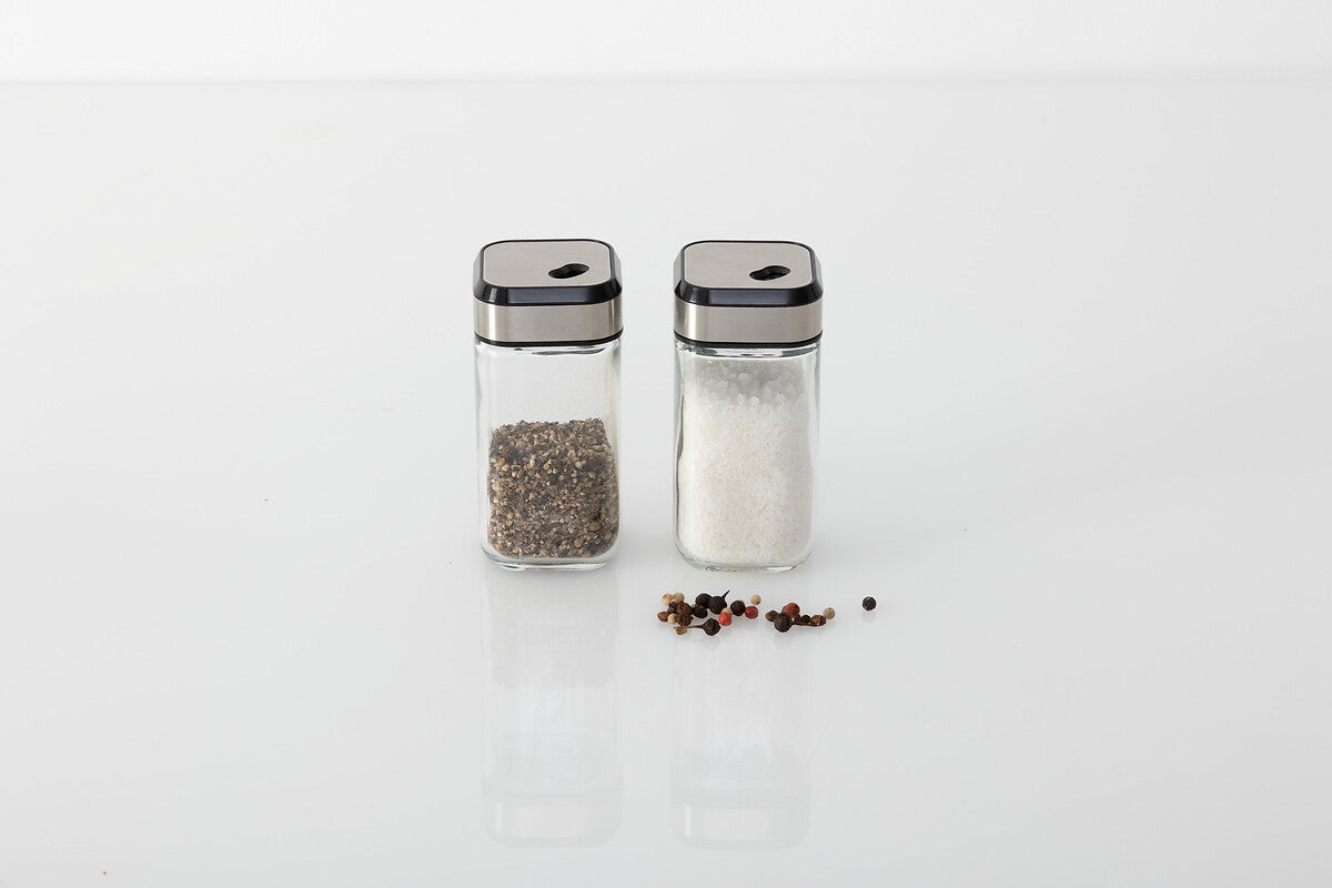Glass Salt & Pepper Dispenser Set with Metal Lids