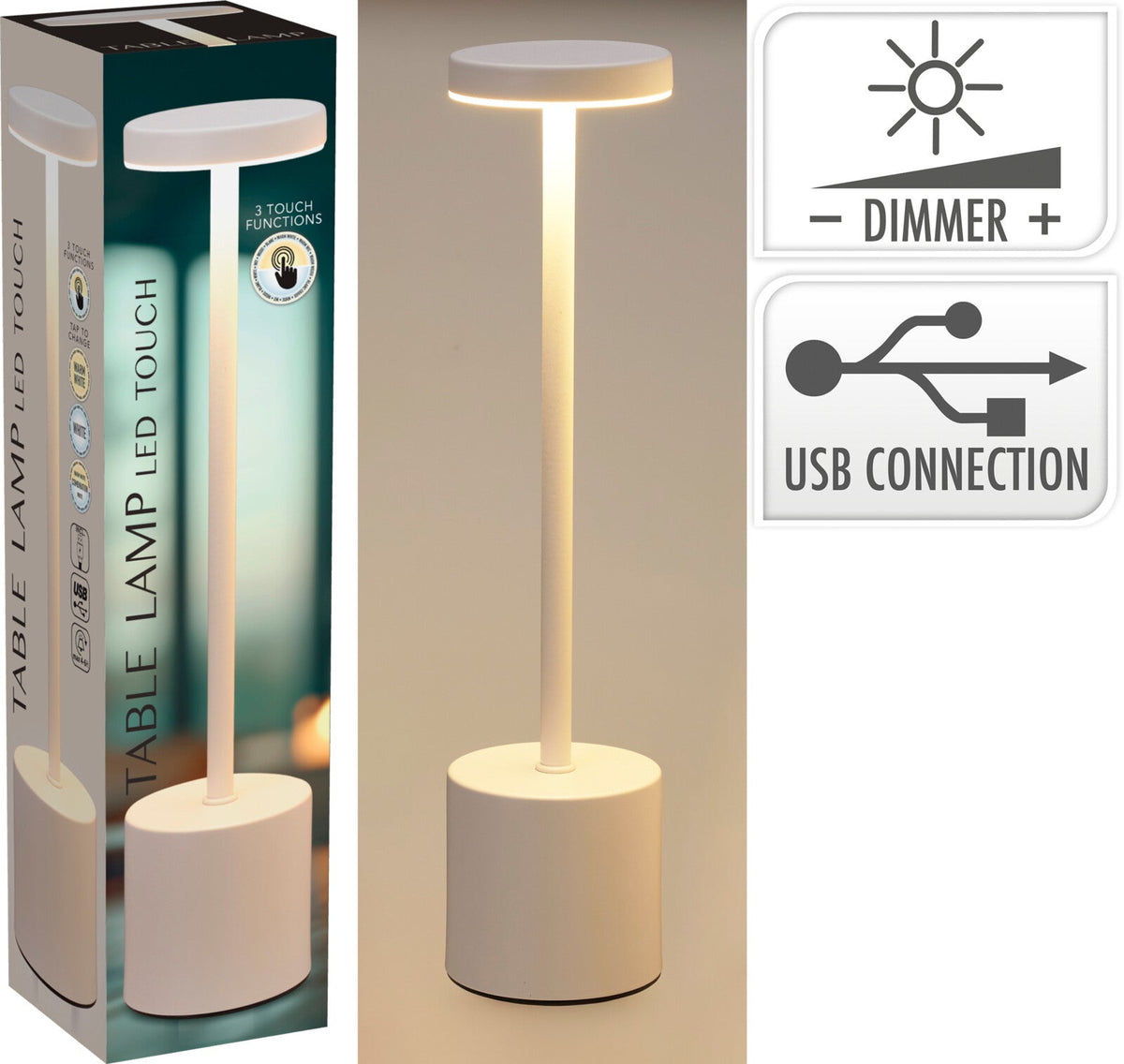 TABLE LAMP LED Touch Rechargeable USB, 3-Mode Dimmable White