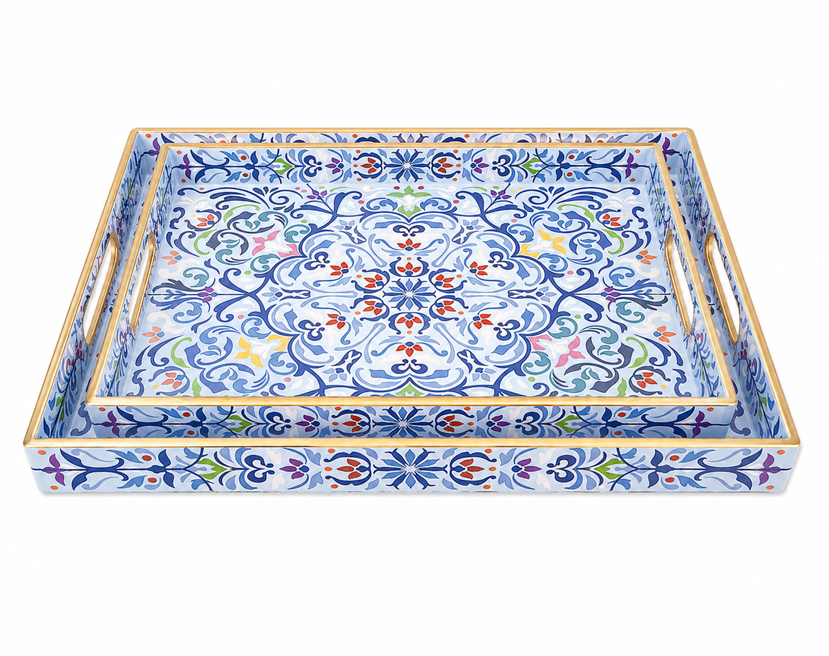 Set of 2 Plastic Rectangular Trays – Blue Floral Design (35×25 cm & 40×30 cm)