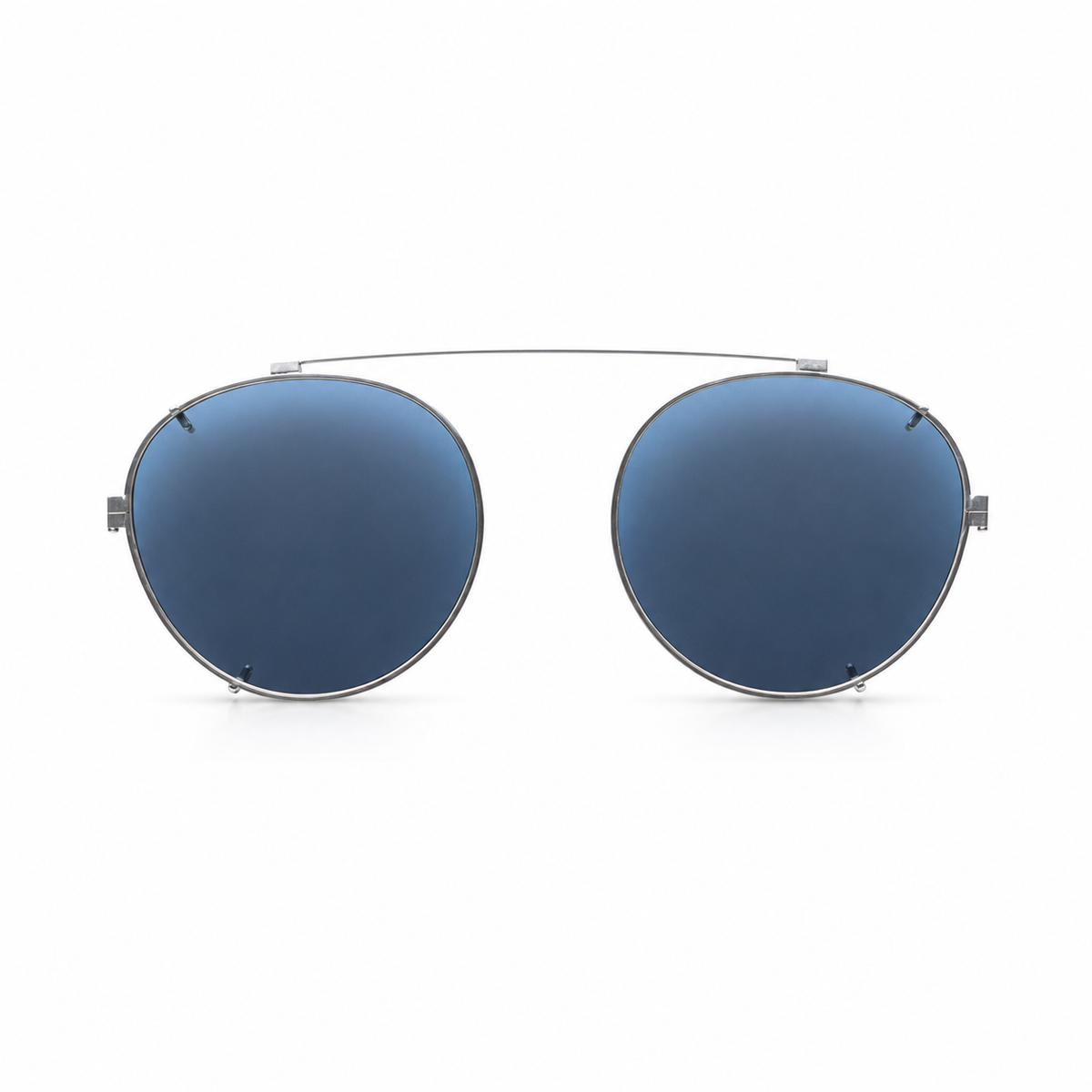 Silver sunglasses with bule lenses on a white background. 