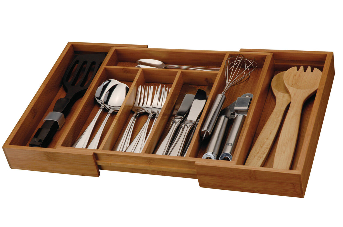 Cutlery Tray Extendable, Bamboo Organizer, Brown