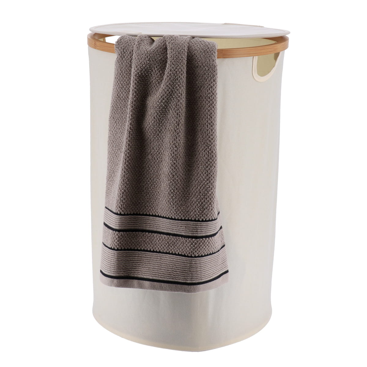 Foldable Round Laundry Basket with Lid, 70L, Polyester and Bamboo Trim