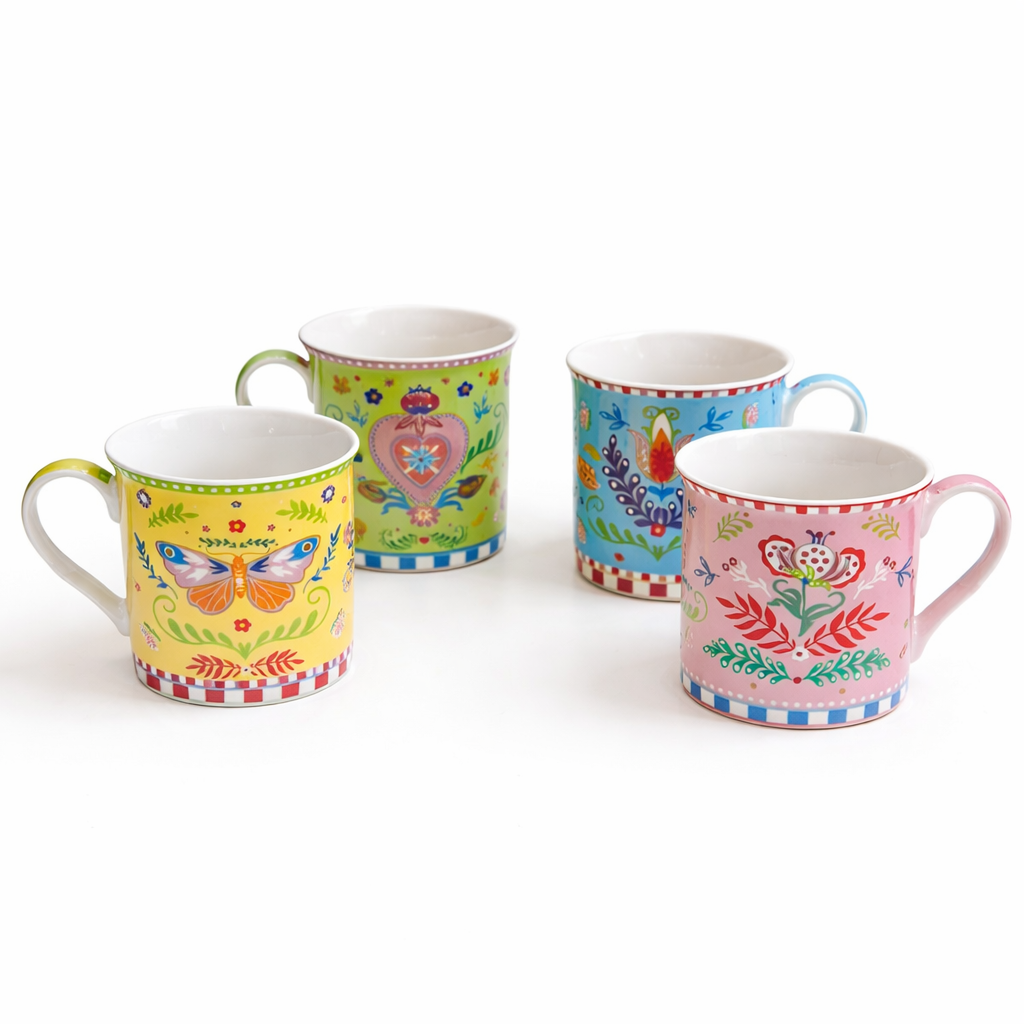 Set of 4 Porcelain Mugs 300 ml Spring Folk