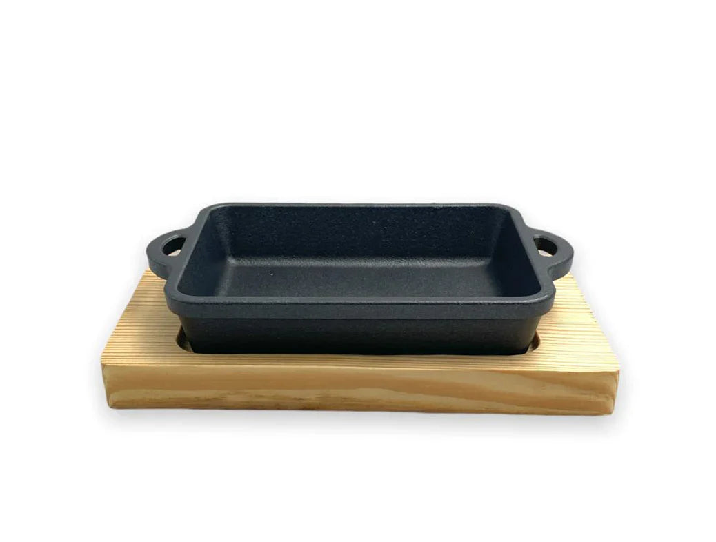Cast Iron Rectangular Sizzling Platter with Wooden Base – 15 cm