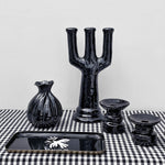 Pottery Black Candleholder Chandelier Ceramic Three-Arm Table Decor