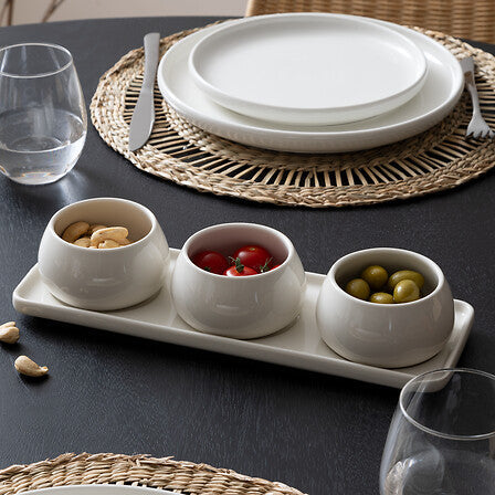 Nora 4-piece snack set - White Stoneware Appetizer Set, 3 Bowls + Tray