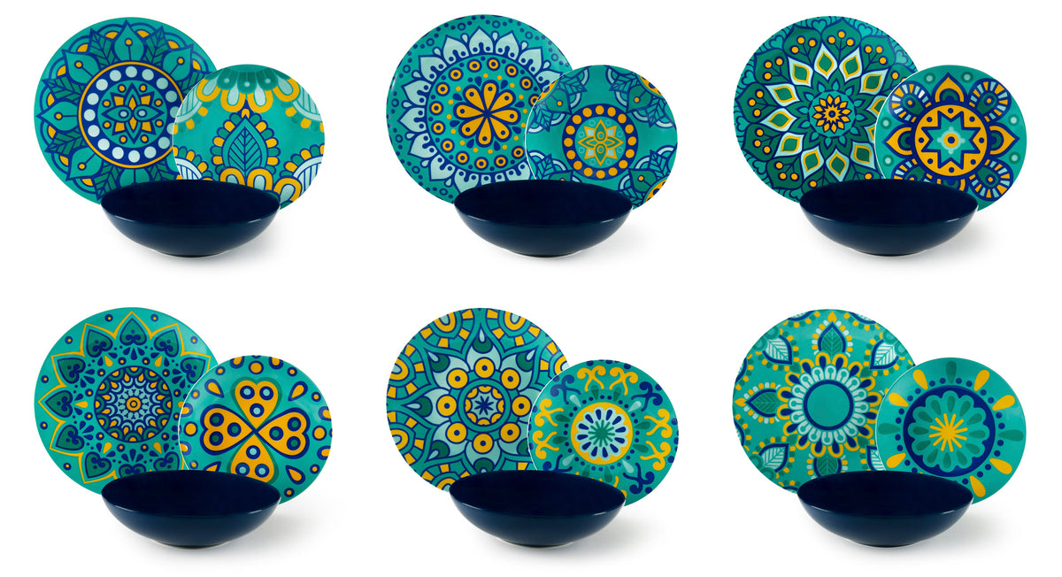 Mandala Mediterraneo Dinner Set 18 Pcs, Porcelain & Ceramic Plates, Blue Pattern