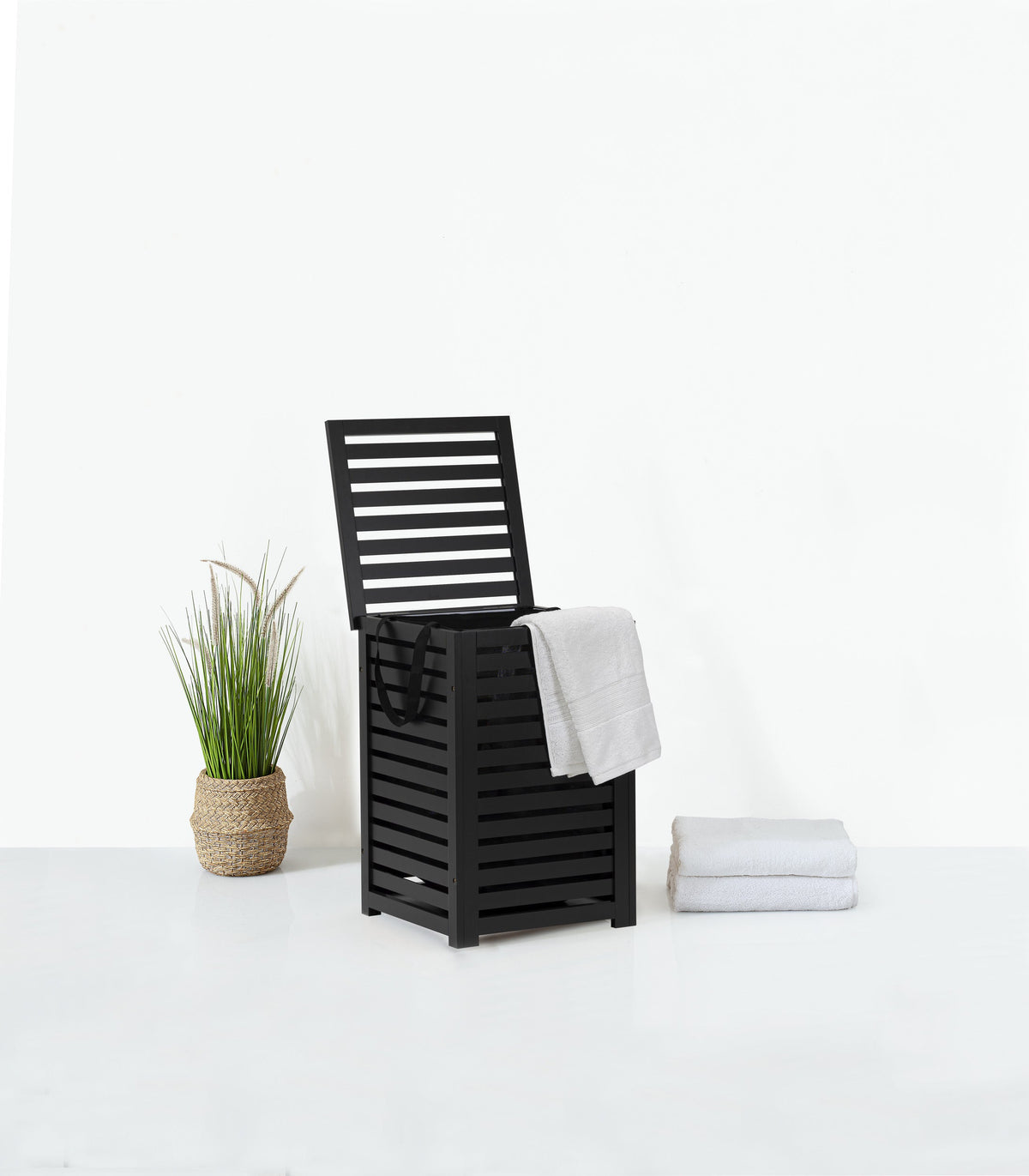 Black Wooden Laundry Basket - 65L Rectangle Storage