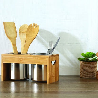 Utensil Holder X2+ Bamboo Rack, Rectangle Stainless Steel