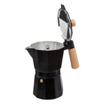 Black 6-Cup Mocha Pot with Wooden Handle - Aluminum Stovetop