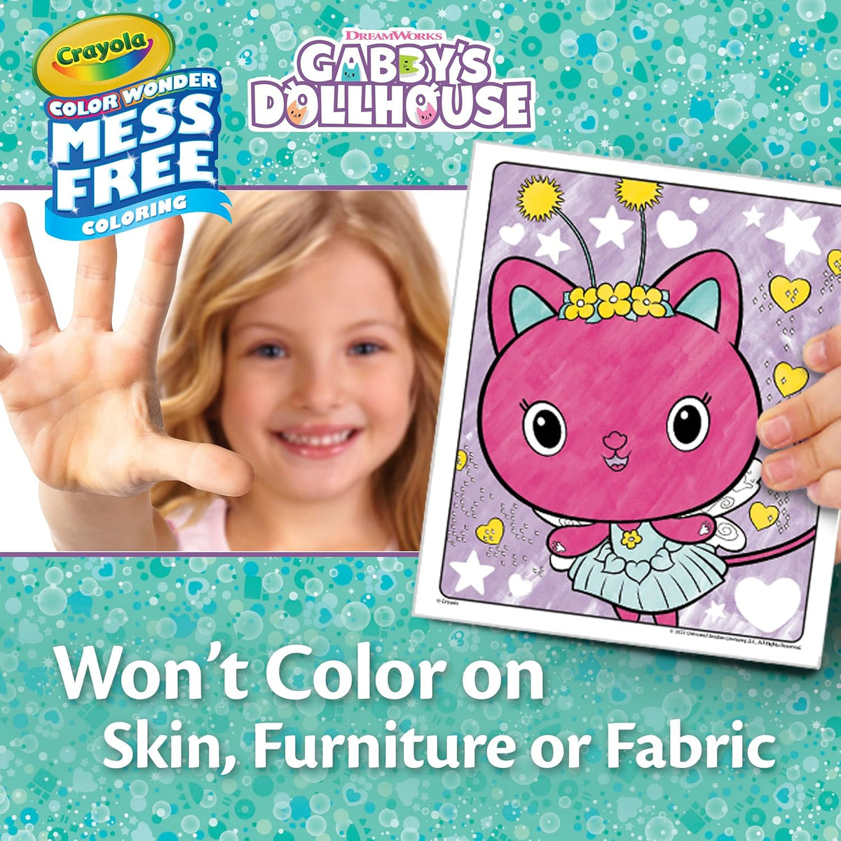 Girl using Crayola Gabby's Dollhouse mess-free coloring set, showing clean hand.