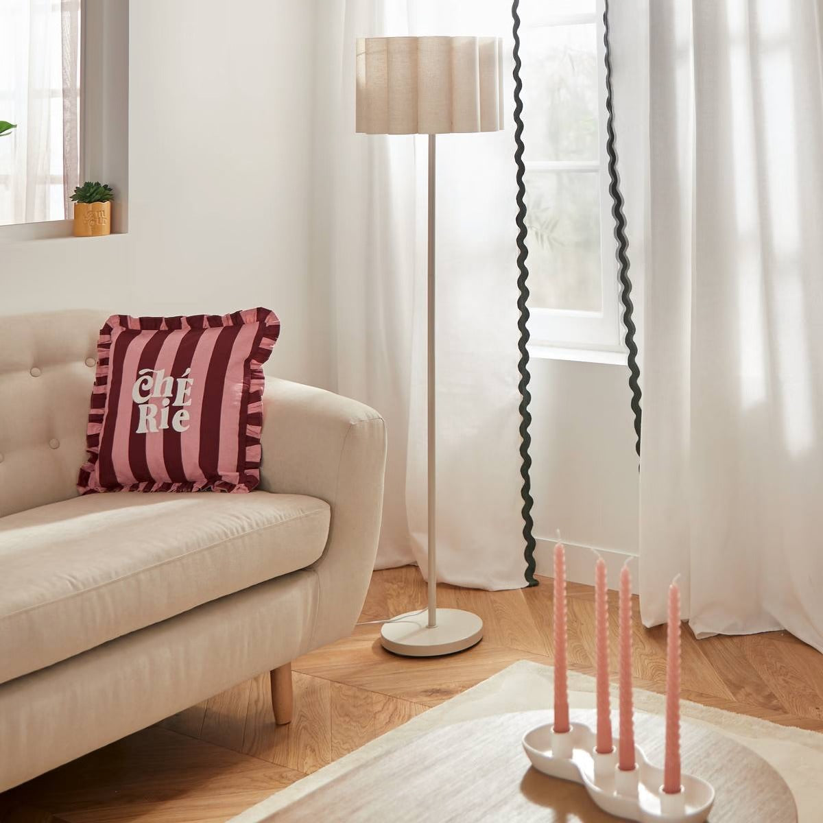 Right Floor Lamp Rona Sector - Quilted Shade, Soft Beige Ø37xH150cm