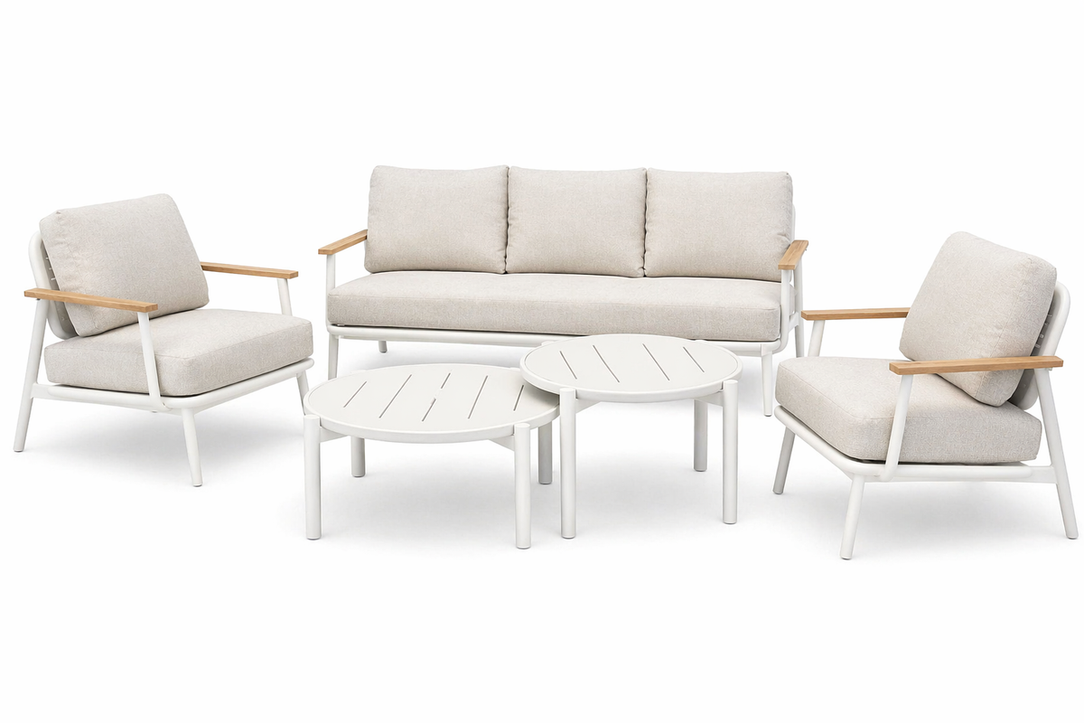 Aluminum Outdoor Sofa Set with Teak Armrests 3-Seater, 2 Chairs