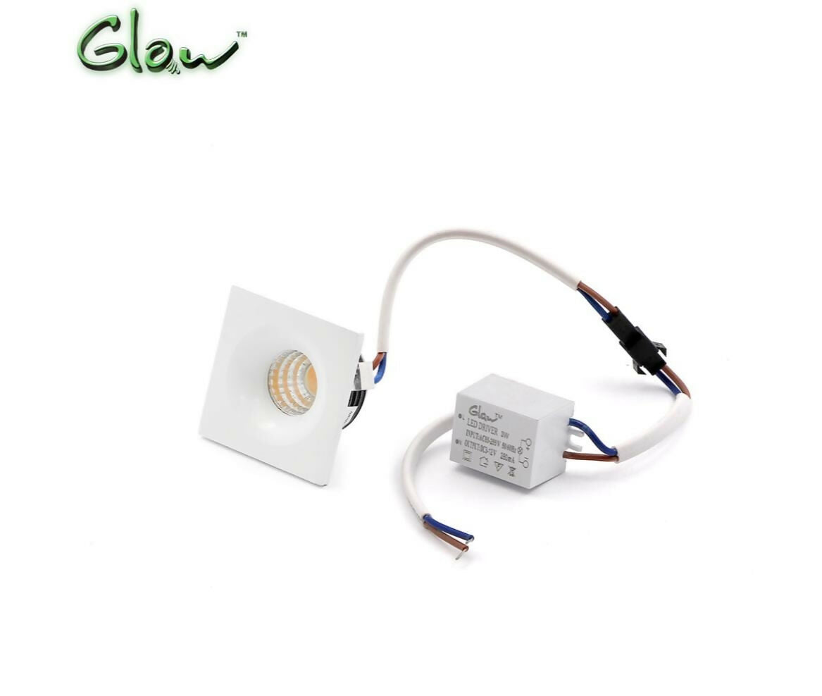 LED Spotlight | Square | 220V AC 3W | 35mm | Warm White | White Frame | Deep | Glow