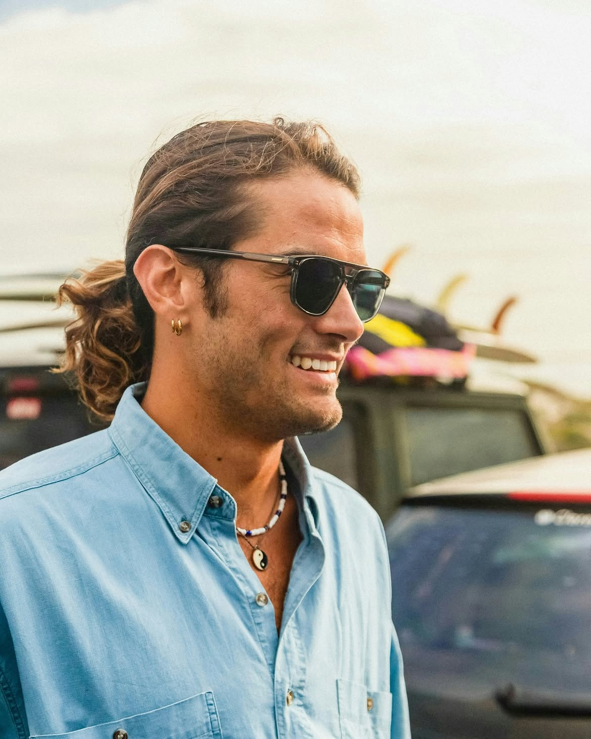 Side angle of a man wearing sunglasses.