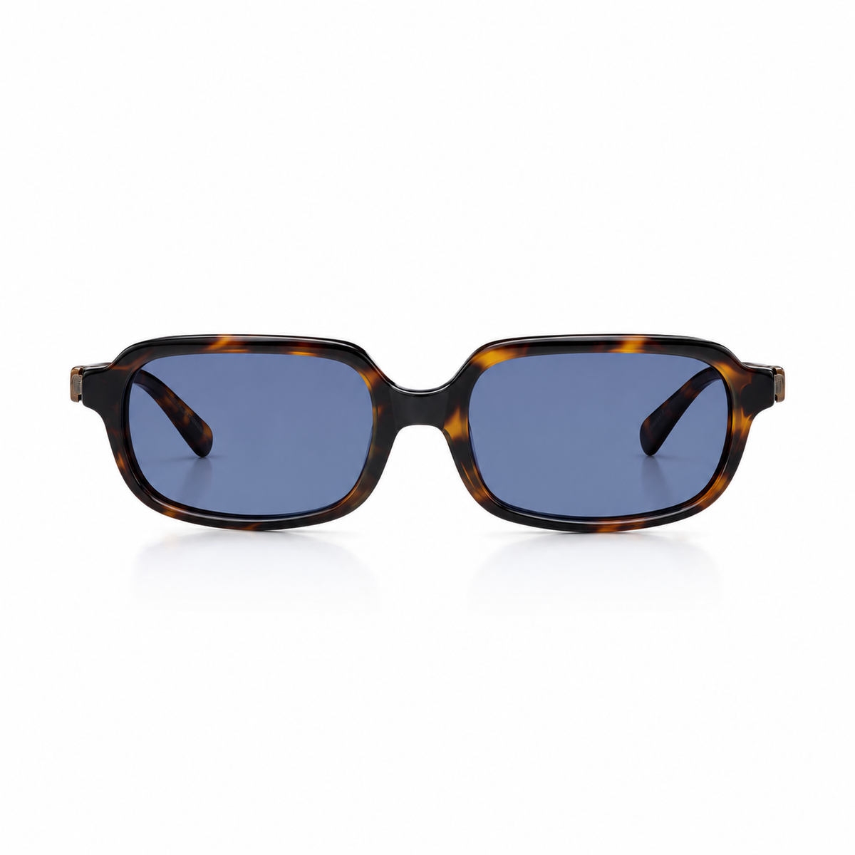 Havana colored sunglasses with dark blue lenses on a white background. 