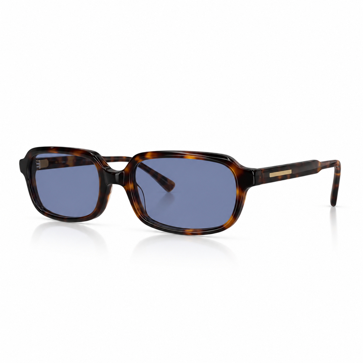 Havana-framed sunglasses with dark blue lenses on a white background.