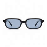 Black-framed sunglasses with blue lenses on a white background.