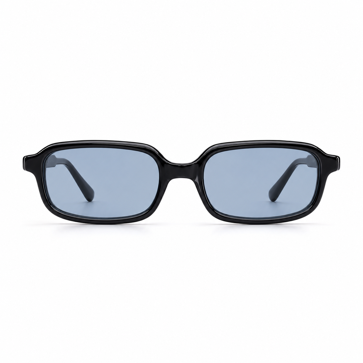 Black-framed sunglasses with blue lenses on a white background.