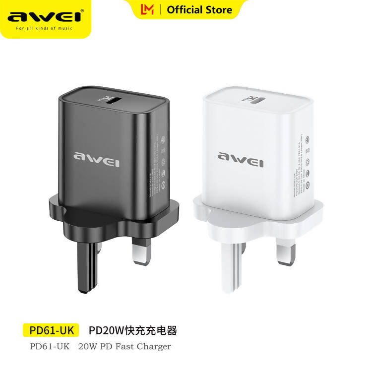 Awei Dual Usb Power Adapter Fast Charger With Type-C Cable Black