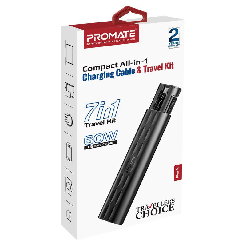 Promate Compact All-In-1 Charging Cable & Travel Kit Black