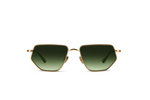 Sunglasses with gold frame and green gradient lenses on a white background