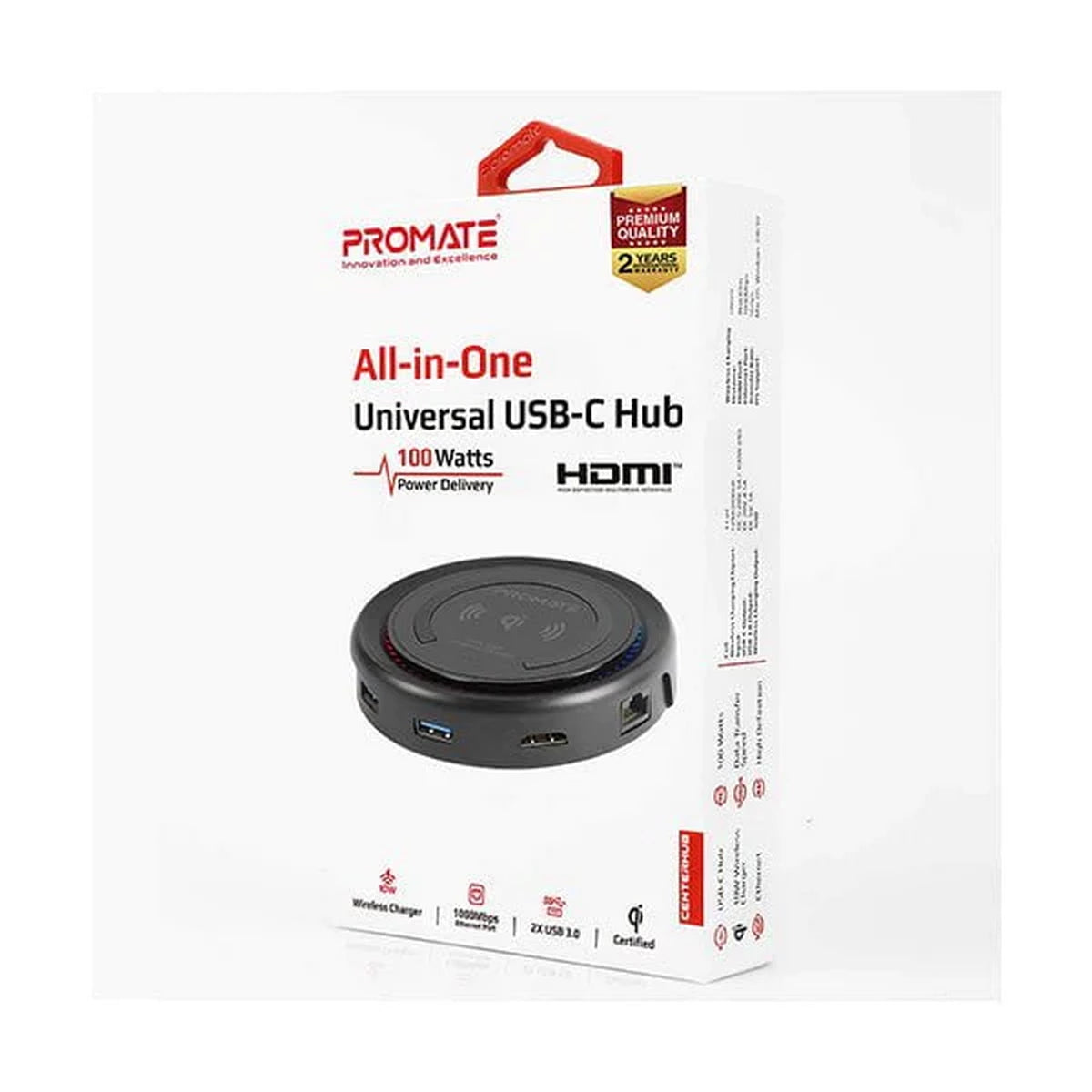 Promate (CenterHub.Black) AiO USB-C Expansion Hub with 100W PD / Qi Wireless Charger - Black