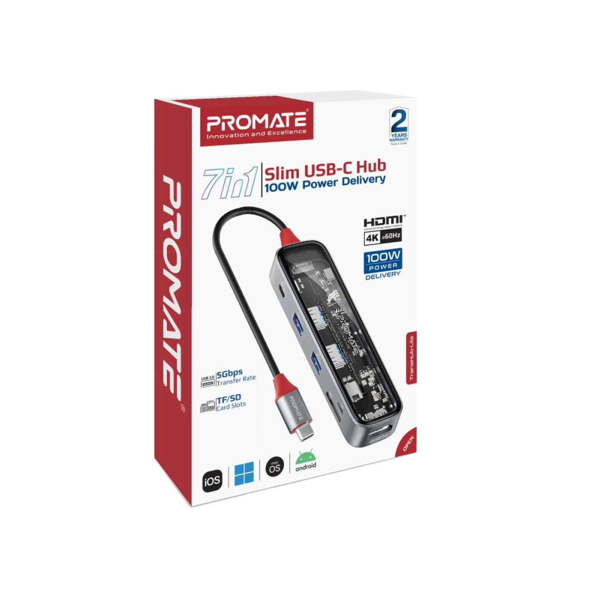 Promate (Transhub-lite) 7in1 USB-C Expansion HUB with Ethernet Adapter - Grey