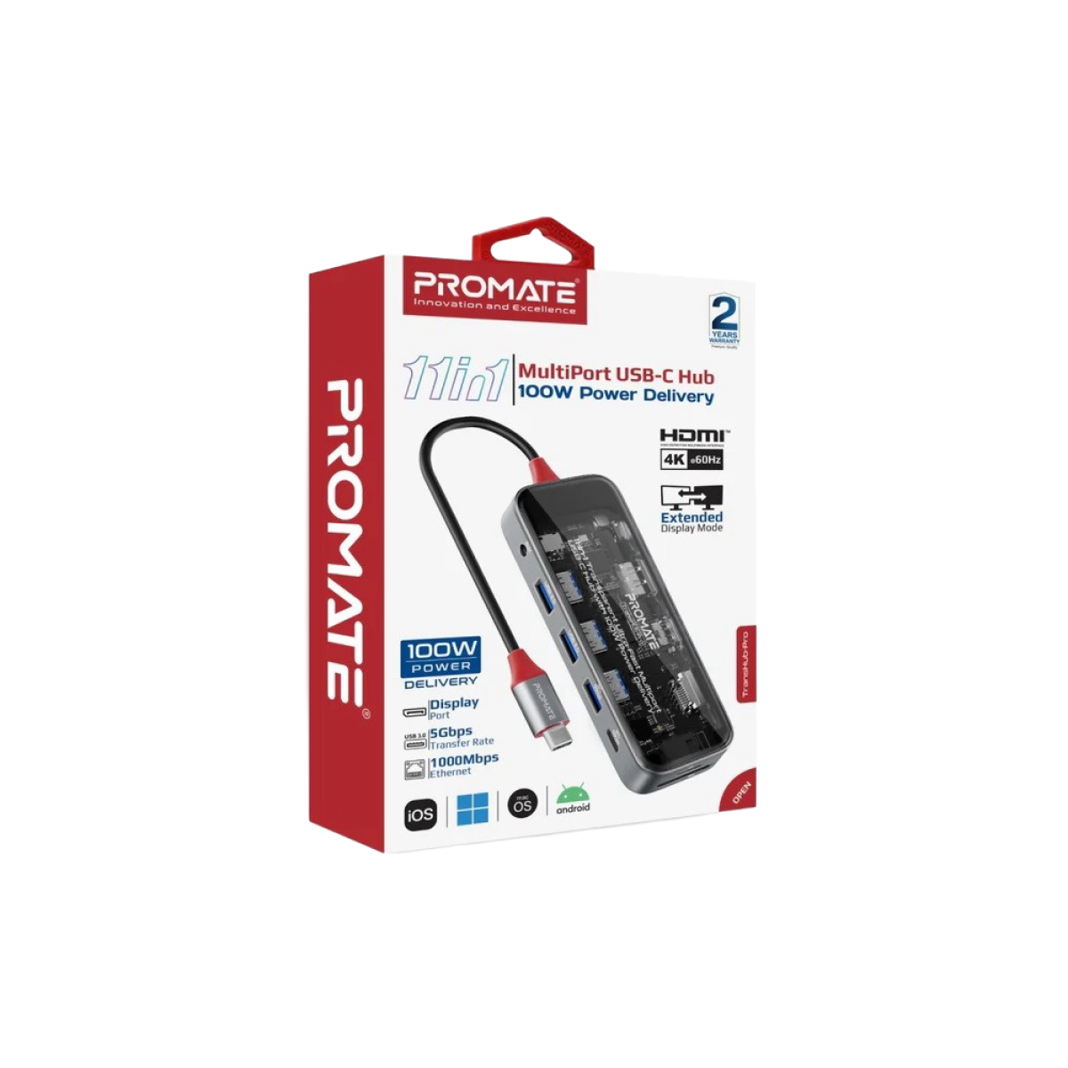 Promate (Transhub-Pro) 11in1 USB-C Expansion HUB with Ethernet Adapter - Grey