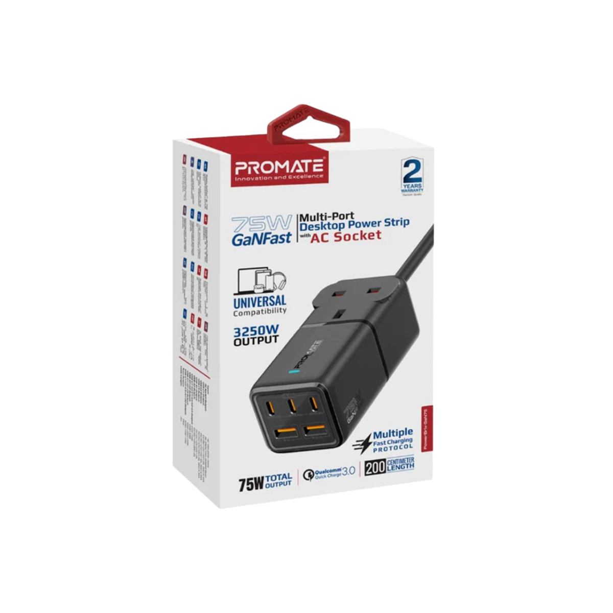 Promate (PowerBrix-GaN75) 75W Multiport Desktop Power Strip - Black