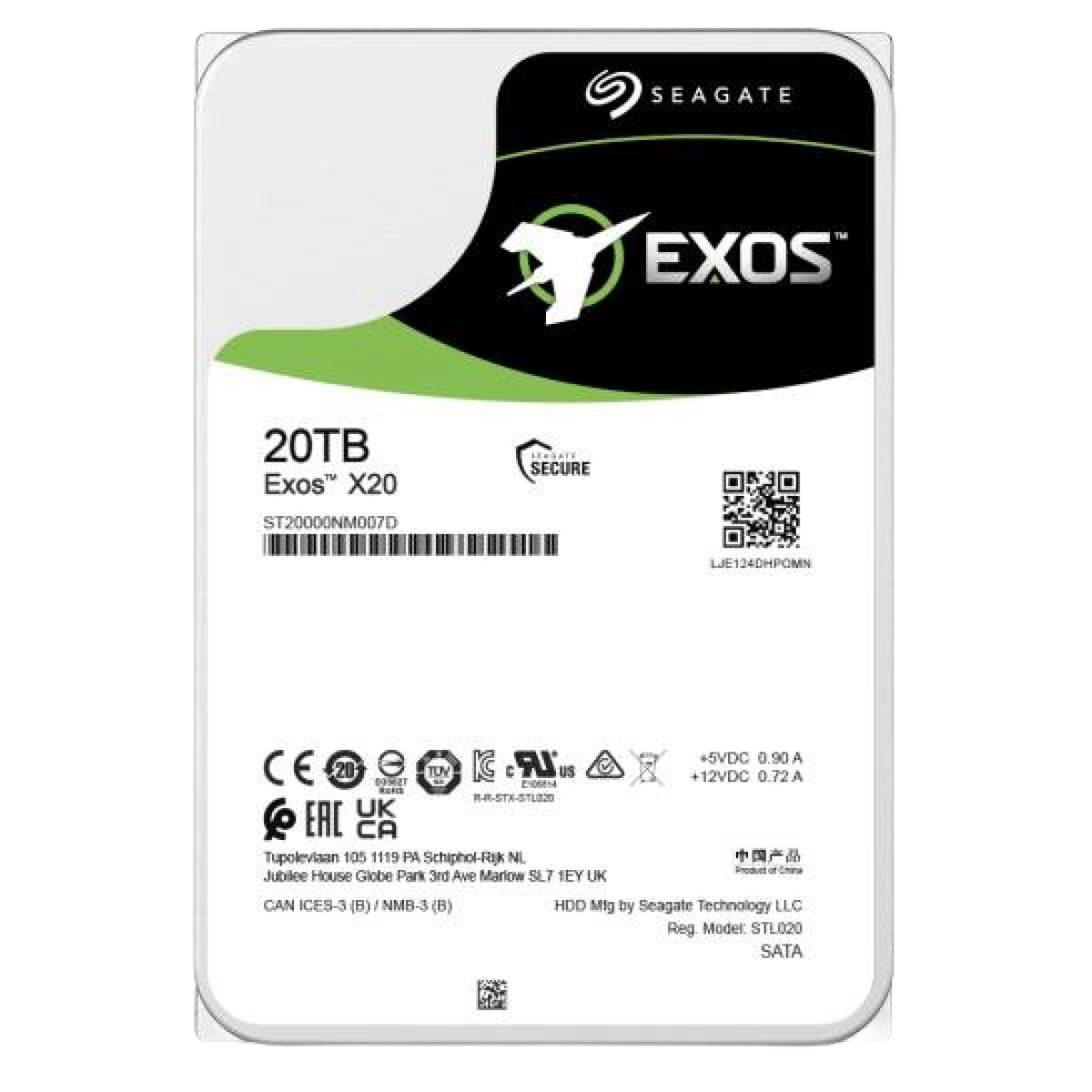 Seagate (ST20000NM007D) Exos X20 Enterprise Hypserscale 20Tb 3.5" SATA 6; 256MbC; 7200Rpm HDD - 5Yrs