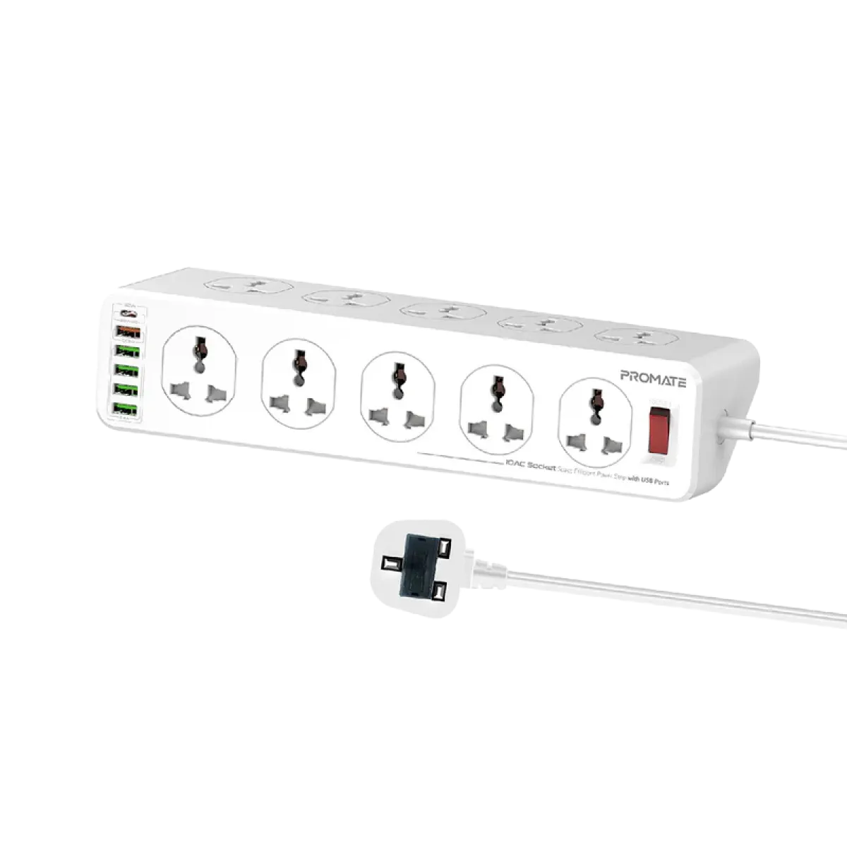Promate ( PowerMatrix-5m ) Power Strip with USB Ports- 10AC Socket Space Efficient- White