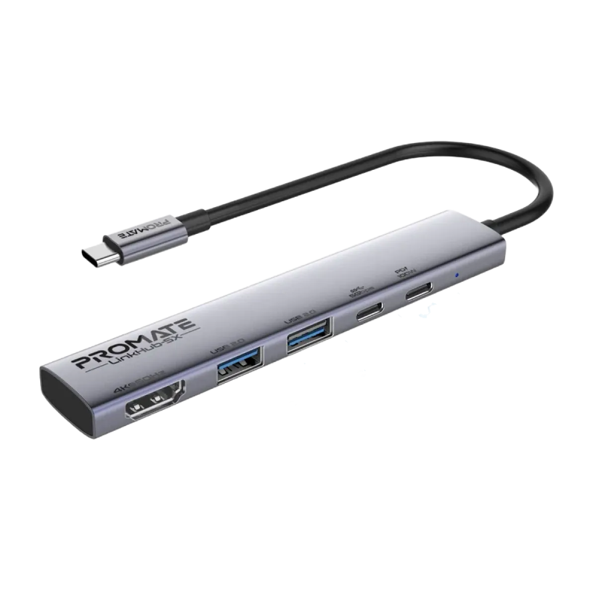 Promate ( LinkHub-5X ) USB-C Hub 4K@60Hz Multi-function High-Speed -100W - 5in1 - Grey