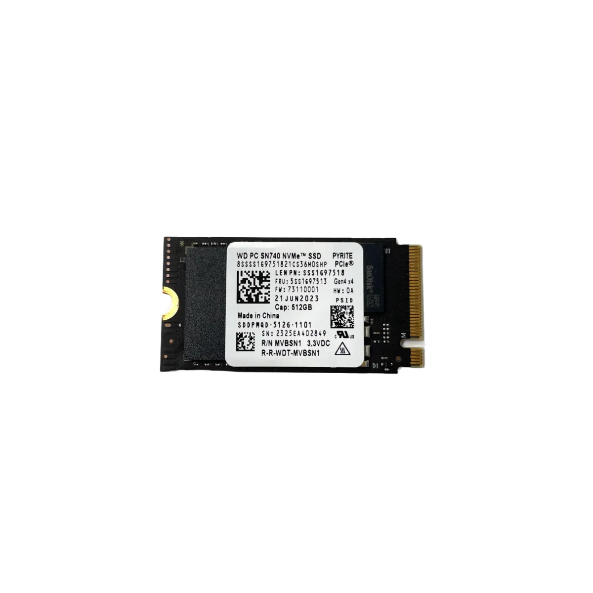Western Digital (SDDPMQD-512) SN740 512Gb 2242 PCIe Gen 4x4 NVMe NVMe 1.4 Internal SSD - Black PCB