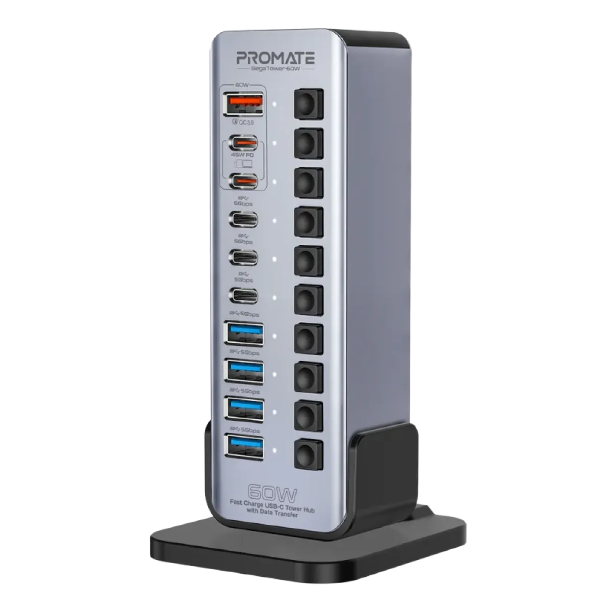 Promate (GegaTower-60W) Multi-port USB-C Tower Hub - Fast Charge - 5Gbps Data Transfer - Grey