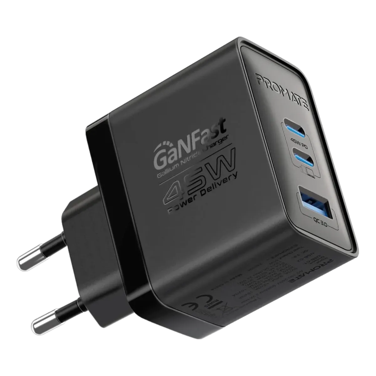 Promate (PowerPort-45 Black) 45W Power Delivery GaNFast Charger with Quick Charge 3.0 - 2Yrs - Black